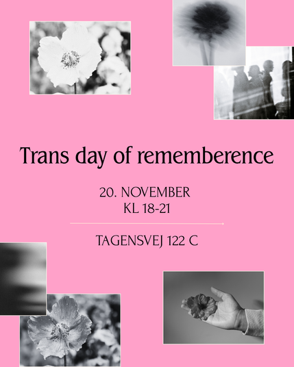 Pink background.
This text:
"Trans Day of Rememberence
Thursday Nov. 20 at 18:00 - 21:00
Kreative Kraner "
Around the text: 4 black and white fotos og flowers and 2 og person.