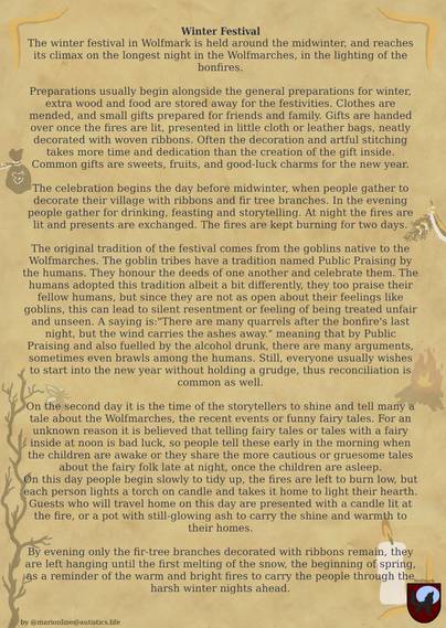 Text: A old page with blue ink, and small drawings in the background. Wolfmark-Logo shown on the a well. I would have liked to show the text of the story here, but character limit does not allow me to do so!