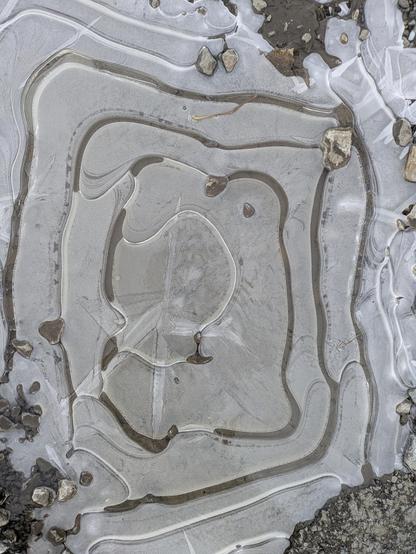 A frozen puddle from directly above. The ice has frozen and defrosted in layers, or been stepped on and refrozen, leaving a pattern of nested rectangular-ish shapes in the ice.