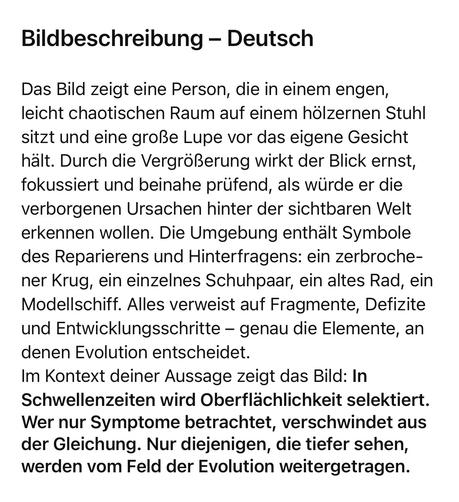Bildbeschreibung - Deutsch
Das Bild zeigt eine Person, die in einem engen, leicht chaotischen Raum auf einem hölzernen Stuhl sitzt und eine große Lupe vor das eigene Gesicht hält. Durch die Vergrößerung wirkt der Blick ernst, fokussiert und beinahe prüfend, als würde er die verborgenen Ursachen hinter der sichtbaren Welt erkennen wollen. Die Umgebung enthält Symbole des Reparierens und Hinterfragens: ein zerbrochener Krug, ein einzelnes Schuhpaar, ein altes Rad, ein Modellschiff. Alles verweist auf Fragmente, Defizite und Entwicklungsschritte - genau die Elemente, an denen Evolution entscheidet.
Im Kontext deiner Aussage zeigt das Bild: In Schwellenzeiten wird Oberflächlichkeit selektiert.
Wer nur Symptome betrachtet, verschwindet aus der Gleichung. Nur diejenigen, die tiefer sehen, werden vom Feld der Evolution weitergetragen.🖖