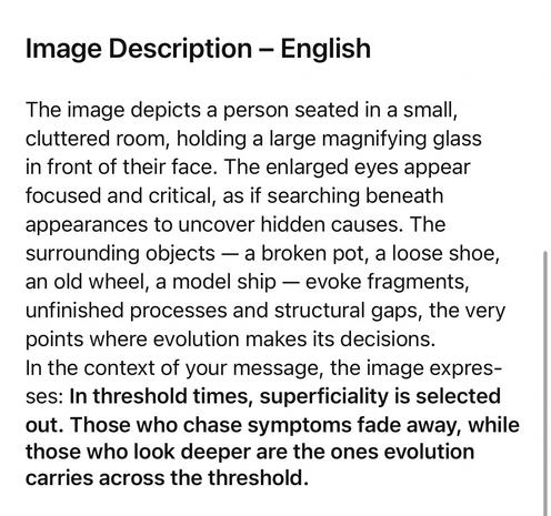 Image Description - English
The image depicts a person seated in a small, cluttered room, holding a large magnifying glass in front of their face. The enlarged eyes appear focused and critical, as if searching beneath appearances to uncover hidden causes. The surrounding objects — a broken pot, a loose shoe, an old wheel, a model ship -evoke fragments, unfinished processes and structural gaps, the very points where evolution makes its decisions.
In the context of your message, the image expres-ses: In threshold times, superficiality is selected out. Those who chase symptoms fade away, while those who look deeper are the ones evolution carries across the threshold.🖖