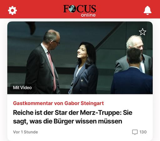 FOCUS
online
Mit Video
Gastkommentar von Gabor Steingart
Reiche ist der Star der Merz-Truppe: Sie sagt, was die Bürger wissen müssen🖖