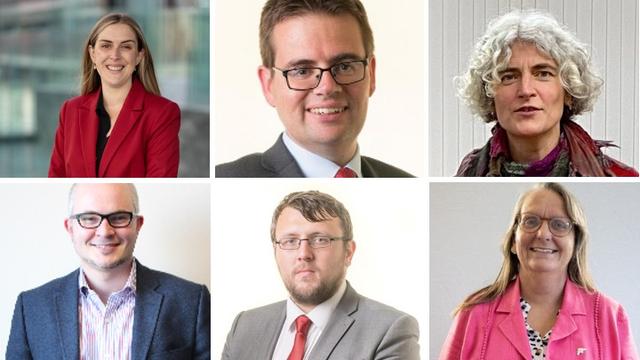 Montage showing six Welsh Labour Senedd candidates for Pen‑y‑Bont Bro Morgannwg in two rows of three.