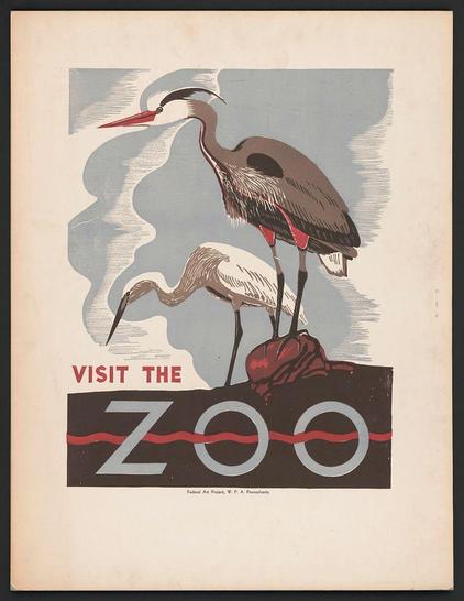 The image depicts an artistic poster for the zoo featuring a large bird, presumably a stork or heron with a long neck and red beak standing on top of what appears to be a rock. The background is muted shades of blue and grey, providing contrast that highlights the silhouette of two birds in white coloration against it. Beneath this scene reads "VISIT THE ZOO" in bold letters followed by smaller print stating, "Federal Art Project, W.P.A., Pennsylvania." This suggests an association with a government art project during the Great Depression era aimed at employing artists and creating public artworks for cultural enrichment. The use of strong colors like red and brown adds visual interest to the otherwise subdued palette.