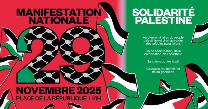 Flyer "Manifestation nationale 29 novembre 2025 place de la république 14h"