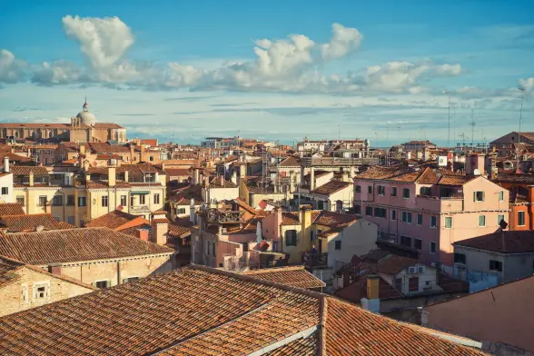 Rooftops of the nearby buildings seen from a higher vantage point