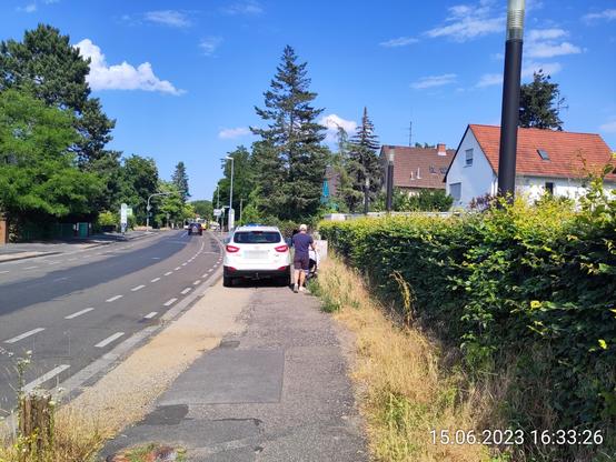 Eine Person schiebt einen Kinderwagen an einem PKW vorbei, das den Gehweg fast vollständig blockiert. Die Person muss daher auf den Grünstreifen rechts ausweichen.