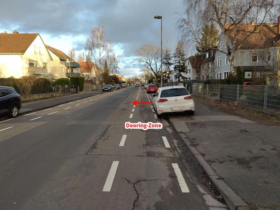 Ein PKW parkt halbhüftig auf dem Gehweg. Links daneben ist ein Schutzstreifen für den Radverkehr, eingezeichnet ist die "Dooring-Zone", die über den Schutzstreifen hinaus geht.