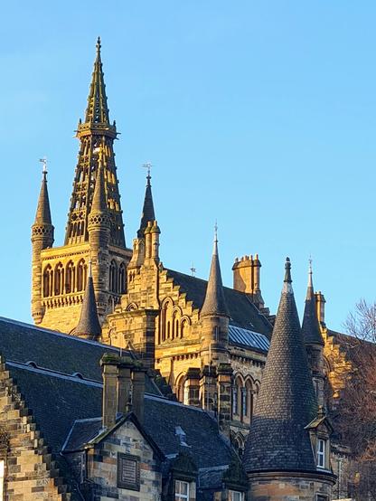 The buildings of Glasgow University in the early morning sun.