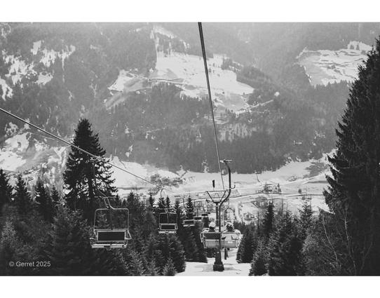 Black and white image of a snowy mountain scene with ski lifts ascending through dense pine trees, conveying a serene, wintery atmosphere.