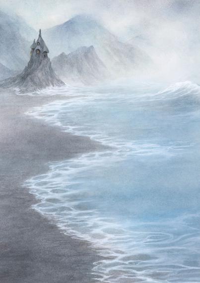 Hundreds of miles up the west coast, north of the singing pools,
surrounded by the black cliffs of Narok, you will find Dragon's Reach.
This ancient dwelling, hewn from glistening black rock and a little
sorcery, is the home of wise old Grizel, the sea witch.
Stories about Grizel have been passed on for centuries, telling of her
life-saving potions, affinity with wild beasts, kindness and wicked sense
of humour. Dragon's Reach rises from the black sands and jagged dark
rocks beneath it, a precarious winding stone staircase being the only way
in or out which can only be scaled at low tide.
Grizel spends most days foraging for precious ingredients for her famous
concoctions. She wears tattered layers of once lustrous embroidered
fabrics, a sturdy basket on her back to carry all that she finds and a thick
leather belt that has various tools dangling from it, fastened with leather
thongs and makeshift knots. On one hip she carries the hollowed-out
tooth of a great beast from the deep, which she uses as a horn to call sea
creatures to shore to commune with them.
Once a year she travels many miles inland, riding on the back of a wild
gorok, with baskets on the saddle and glass bottles dangling from its
horns. She seeks magical herbs and berries which cannot be found on the coast.
As she travels through small settlements on the outskirts of
Strangehollow, she trades with hunters and other wizards and witches,
sourcing rare and potent artefacts, animal bones and other ingredients.