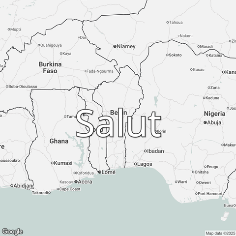 Map of Benin overlaid with a translation of the word "hello": Salut.