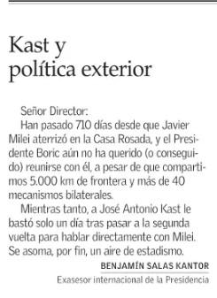 kast y política exterior carta Benjamin Salas Kantor