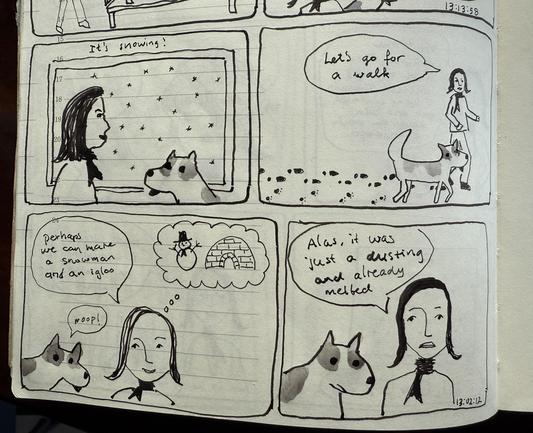 A 4 panel comic of me seeing that it's snowing, walking and leaving footstep markings in the snow, dreaming about building a snowman and igloo, just to be disappointed it has already melted
