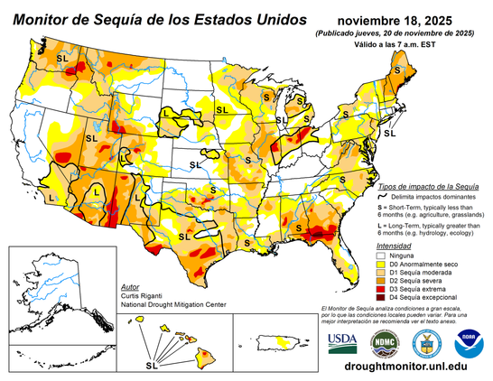 Monitor de sequía de EE. UU. que muestra las condiciones para el 20 de noviembre de 2025