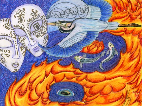A heron flies over dark pools of water and fire forming a Tao symbol.  An eye looks up from one of the pools, while white koi with black and orange marking swim in another. A pair of white Venetian masks with gold scrollwork look at the viewer from the left side of the image, with a sigil in the mask in the foreground directing us to "Examine Truth."  Behind the heron a pale blue glimpse of clouded sky contains silvery traces of the prime number pattern formed in the wake of a swimming snake that has disappeared behind the masks.  A wall of flame surges to the right.