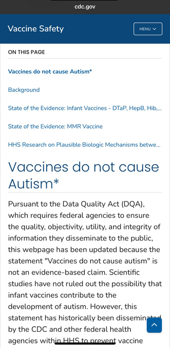 The updated CDC webpage now includes an asterisk and explanation after the header “Vaccines do not cause Autism.”