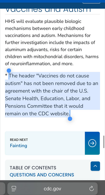 “* The header ‘Vaccines do not cause autism’ has not been removed due to an agreement with the chair of the U.S. Senate Health, Education, Labor, and Pensions Committee that it would remain on the CDC website”