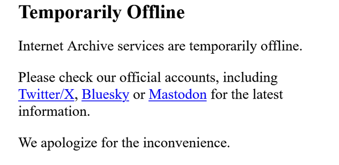 Temporarily Offline

Internet Archive services are temporarily offline.

Please check our official accounts, including Twitter/X, Bluesky or Mastodon for the latest information.

We apologize for the inconvenience.