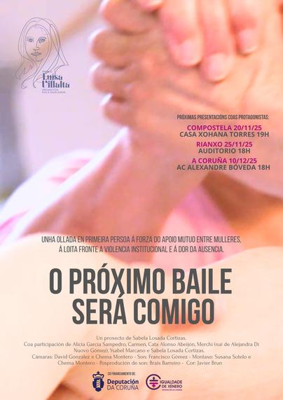 Cartaz do documentário 'O próximo baile será comigo', ilustrado com uma foto em primeirísimo plano das mãos dadas de duas pessoas a bailar.