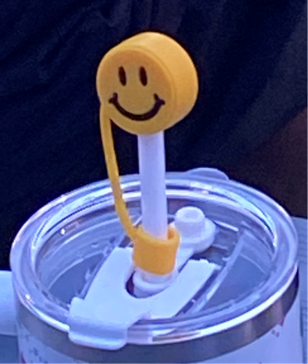 Color image of a thermal cup with a white straw inserted, a festive yellow Smiley Face cap on top of the straw, on a boat docked at Atwood Lake, Tuscawaras County, Ohio, USA.