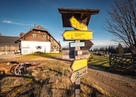 Ein mehrarmiger Holz-Wegweiser im Vordergrund in der Mitte des Bildes zeigt verschiedene Wanderziele samt Gehzeiten und Routenbezeichnungen. Ziele wie „Kramerin“, „Glashütten“, „Koralpenhaus“ und „Gregormichalm“ deuten auf eine Region mit gut erschlossenen Wanderwegen. Erwähnt wird auch der „Europäische Fernwanderweg E6“, der von der Ostsee bis zur Adria führt – ein Hinweis auf die überregionale Bedeutung des Ortes.  Im Hintergrund steht ein traditionelles Holzhaus mit grünen Fensterläden, typisch für die alpine Architektur. Davor liegen ein hölzerner Schubkarren und gestapelte Holzscheite, was dem Bild eine bodenständige, handwerkliche Note verleiht.
Ein unbefestigter Weg führt vom Haus weg und lädt zum Weitergehen ein.
Die Szenerie ist eingebettet in sanft hügeliges, grasbewachsenes Gelände mit einem Holzzaun und bewaldeten Hängen im Hintergrund. Die Farben sind warm und erdig, mit viel Grün, Braun und einem Hauch von Spätsommer oder Frühherbst.