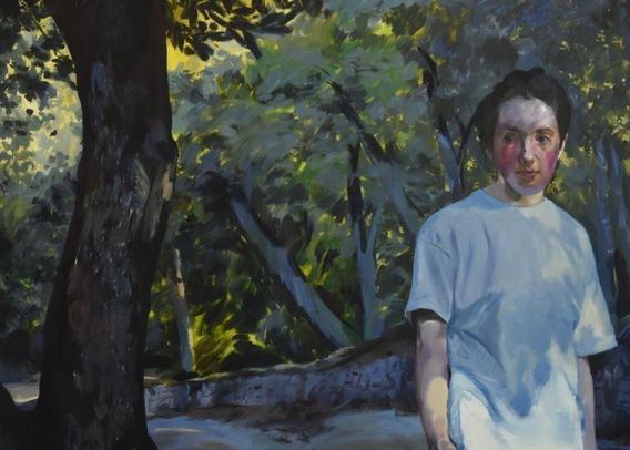 Image: painting by Sian Costello | (cropped) painting; we see a figure, possible the artist, head and torso, to the right of the painting, wearing a white or pale-blue t-shirt; black hair, rosy cheeks; behind is a row of trees and a suggestion of a road; to eh left on the canvas there is the dark trunk of a near tree; there is a lot of dappled sunlight, especially across the figure’s face torso and right arm • "The construction of images has been a long-standing preoccupation of artist Sian Costello. Hymn to Him is a guilty pleasure, a sustained glance at the relationship between the unstable and convoluted lives of artists and the composed stillness of the characters they create. In her painting and photographic work, she lingers on the surfaces of things – bellies, primroses, house keys, vegetables. Costello inserts herself into her compositions and as her own model she remains in control of both sides of the canvas. Her paintings are less representative of their classical…"