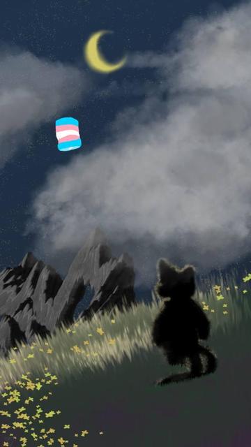 In this serene moment, a lone figure gazes at the sky, where a vibrant symbol dances among the clouds. The soft glow of the moonlight embraces the tranquil landscape, inviting us to pause and reflect. As the figure watches, we are reminded of the beauty in our individual journeys and the connections we share.  Let this image inspire us to celebrate our identities, embrace our unique stories, and support one another. Just like the figure and the moon, we are all part of a greater tapestry, woven together by love and understanding. Take a moment to breathe, and let the stillness of the night fill your heart with hope and possibility.