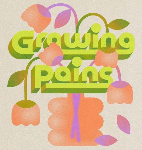 Stylized text "Growing Pains" surrounded by colorful flowers and leaves on a textured beige background.