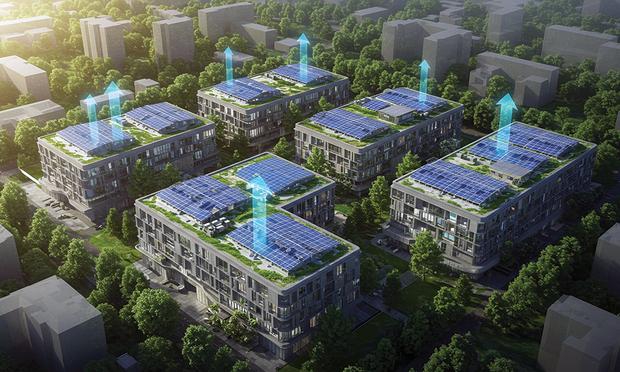 Aerial view of a modern sustainable housing complex with solar panels on the roofs and holographic projections above some buildings, surrounded by greenery.