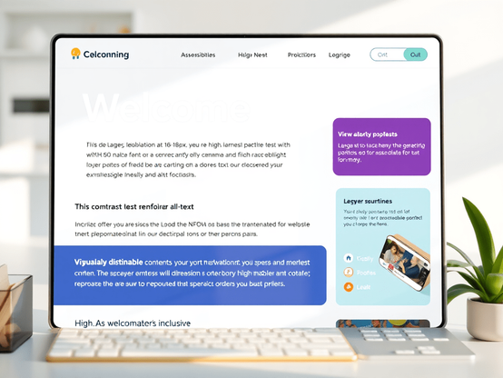 Tablet displaying a website with text blocks, colorful callouts, and a partial keyboard and plant visible.