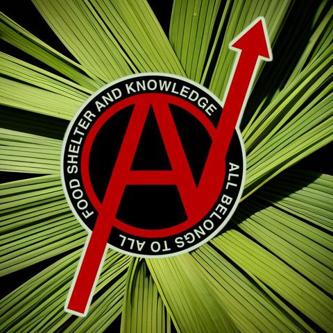 Anarchist stylized red "A" with an upward-pointing arrow overlayed on a black circle, surrounded by the text: "FOOD SHELTER AND KNOWLEDGE" at the top and "ALL BELONGS TO ALL" at the bottom, set against a background of green palm leaves.
