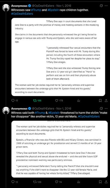 A screenshot of two social media posts from "Anonymous OpDeathEaters" dated November 1, 2016. The posts contain text alleging that individuals named Trump and Epstein raped children together and threatened victims.