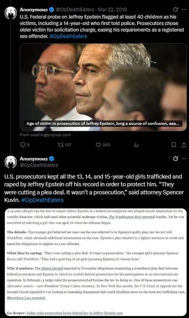 A screenshot of two social media posts from OpDeathEaters on a dark background, both related to the Jeffrey Epstein case. The top post, dated March 22, 2010, discusses a U.S. federal probe that flagged at least 40 child victims and a plea deal that reportedly eased Epstein's requirements as a registered sex offender. It includes an image of Jeffrey Epstein sitting in a courtroom setting. The bottom post, quotes attorney Spencer Kuvin saying prosecutors kept victims aged 13, 14, and 15 off the record to protect Epstein. A snippet from a Washington Post article is visible below the second post.