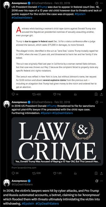 OpDeathEaters' and 'LAW & CRIME' discussing child rape case against US President Donald Trump, related court dates, and victim intimidation and cyber attacks.
