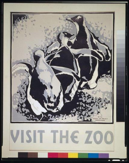 The image is an artwork depicting a group of penguins in motion, rendered using woodcut techniques. The scene appears dynamic and playful with the birds interacting playfully together. Prominently displayed at the bottom center of this piece are bold letters that read "VISIT THE ZOO," indicating its purpose as promotional material for zoo visitorship.
The artwork's background is white, which contrasts sharply against a color gradient bar in shades of red, yellow, green, blue, purple, and brown situated below. The upper right corner contains text stating the Federal Art Project from Pennsylvania (P.A.). This indicates that this piece was produced as part of an art initiative during the Great Depression era.
This particular artwork is notable for its stylistic elements and historical significance in promoting zoo visits through a creative visual medium.