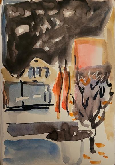 Aquarellskizze: schnell getuschte bunte Pinselzeichnung,  eine Häuserfront, ein Baum,  2 rote Fahnen, eine Bushaltestelle