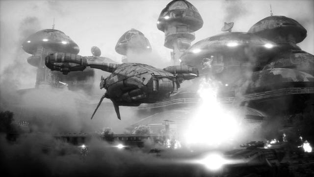 Spaceship leaving scene of a battle