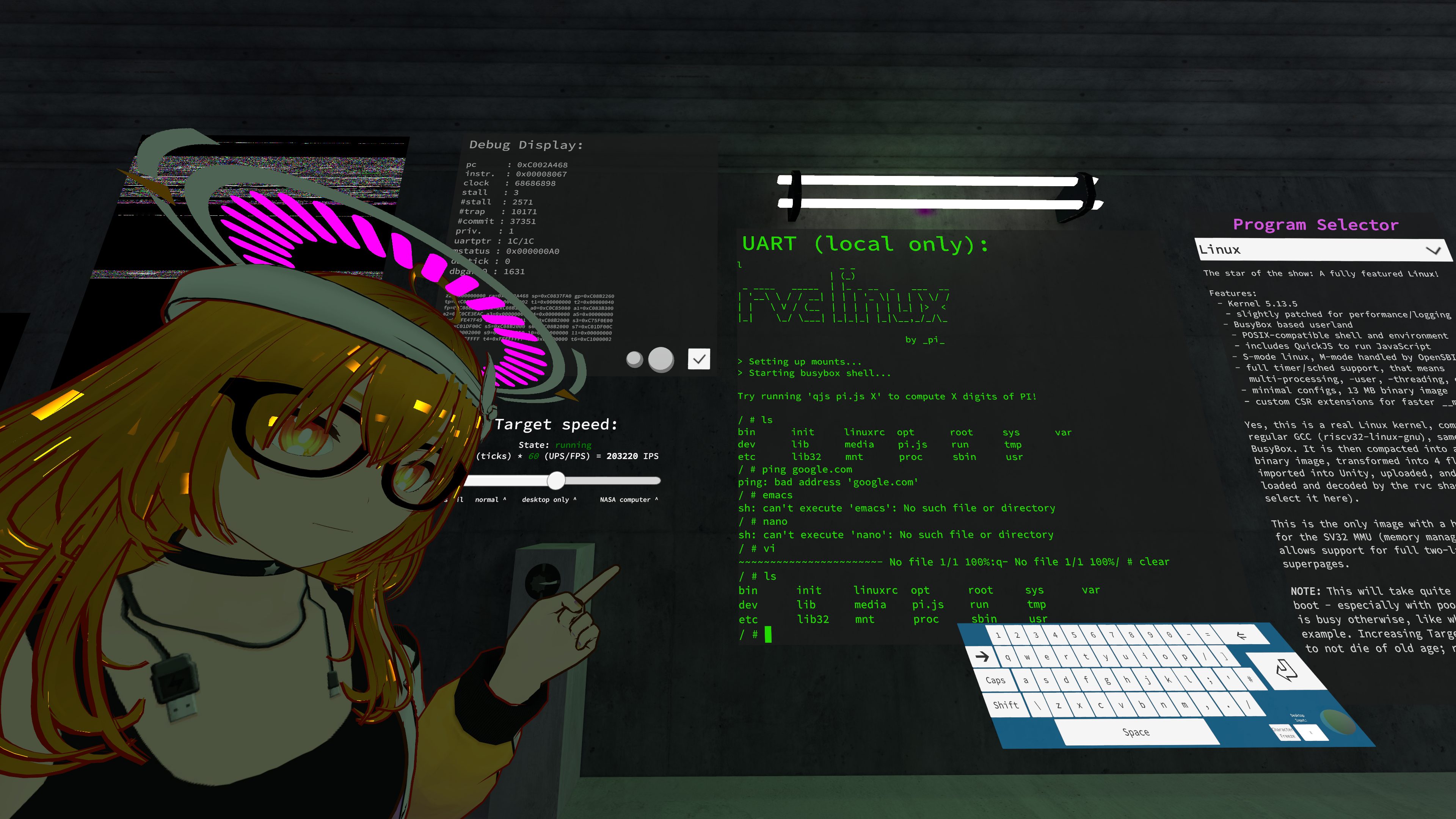 A VRChat avatar pointing at a Linux VM written in a shader.