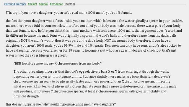 [Theory] if you have a daughter, you areren’t a real man (100% male). you’re 1% female. the fact that your daughter was a fetus inside your mother, which is because she was originally a sperm in your testicles, means there was a foid in your testicles,therefore not all of your body was male because there was a part of your body that was female. now before you think this means mothers with sons aren’t 100% male, that argument doesnt work and its different because the male fetus was originally a sperm in the dad’s balls and therefore came from the dad’s balls originally NOT the mom’s womb, thus it was part of the dad’s body NOT the mom’s body. therefore,if you have a daughter, you aren’t 100% male. you’re 99.9% male and 1% female, Real men can only have sons. and it’s also cucked to have a daughter because you raise her for 18 years to become a slut who has sex with dozens of chads but that’s just water is wet the sky’s biue grass is green. The other prevailing theory is that the foid’s egg selecively bars X or Y from entering in through the walls, depending on her own femininity/masculinity. But since slightly more males are born than females, even Y chromosome sperm seem to be physically faster and more powerful than X chromosome sperm, mirroring ‘what we see IRL in terms of physiality. Given that, it seems that a more testosteroned or hypermasculine male will produce, if not more Y chromosome sperm, a least Y chromosome sperm with greater mobilty and physical strength