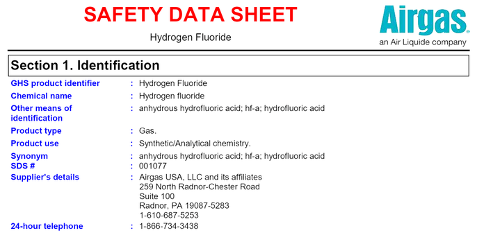 Airgas MSDS for hydrofluoric acid