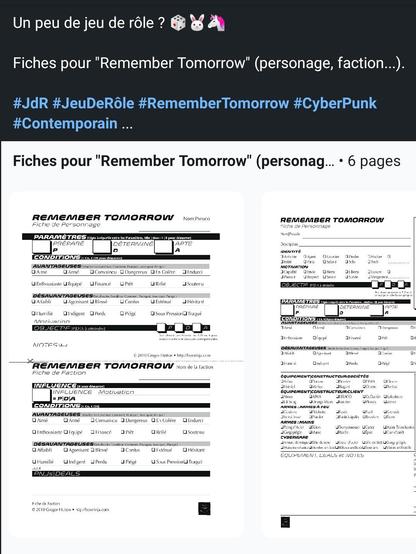 Un peu de jeu de rôle ? 🎲🐰🦄

Fiches pour "Remember Tomorrow" (personage, faction...). 

#JdR #JeuDeRôle #RememberTomorrow #CyberPunk #Contemporain ... https://www.linkedin.com/posts/gabriel-chandesris_fiches-pour-remember-tomorrow-personage-activity-7397338680698286080-KchW