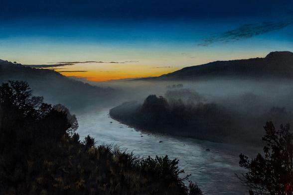 oil painting of the Chama River just before dawn at the Chama River Canyon Wilderness in New Mexico