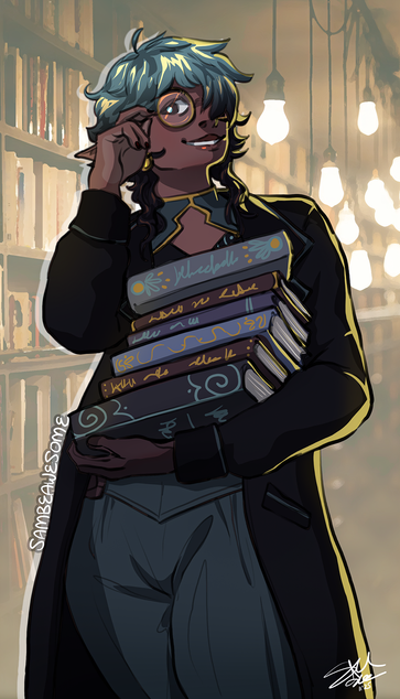 A digital artwork of a black non-binary (she/they) person wearing steampunk-gothic esque clothing with primarily teals and blacks with gold accents. In one arm they're holding a stack of books, and the other hand is holding up her glasses. Her bangs are covering one eye and she's smiling. They have long elf-like ears and teal hair. The background is an edited photo of a library with a row of books and hanging light bulbs.