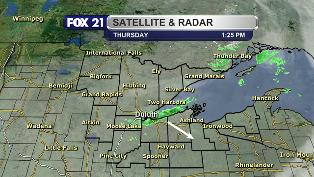 The satellite and radar over the Northland at 1:25 p.m. on November 20, 2025, shows a line of lights showers exiting the Twin Ports region and ready to come on shore along the western half of the South Shore region.  It is moving to the southeast and showing signs of some weakening.  The rest of the area is cloudy, but some clearing skies are starting to enter Koochiching County.