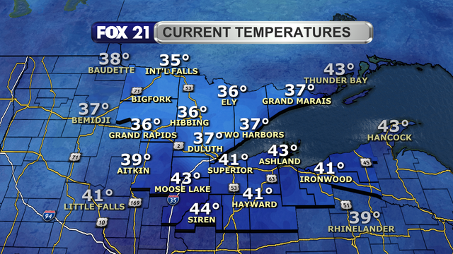 Temperatures in the Northland just after 1 p.m. on November 20, 2025, range from 35 to 44 degrees Fahrenheit.  The 30s are in Minnesota, with 40s in Wisconsin and the Upper Peninsula.