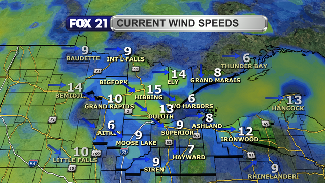 Wind speeds in the Northland just after 1 p.m. on November 20, 2025 range from 6 to 15 mph.  Wind direction is primarily from the west and northwest.