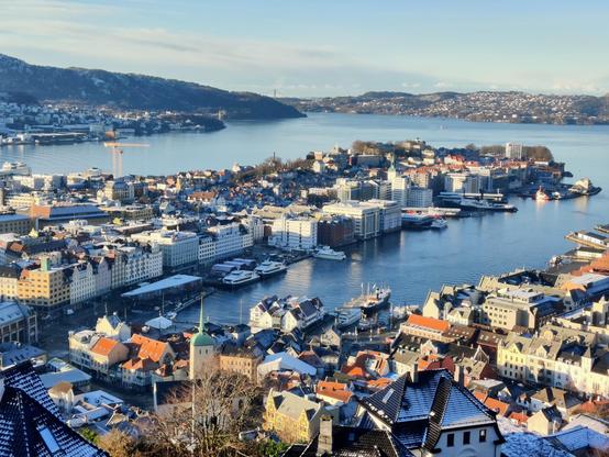 A photograph of Bergen harbor and Nordnes as seen from Skansen.