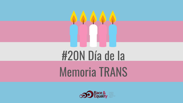 Bandera transgenero con unas velas y un texto que dice "#20N Día de la Memoria TRANS".