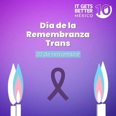 Velas con los colores trans y un moño como los que se usan cuando alguien fallece, y un texto que dice "Día de la Remembranza Trans 20 de noviembre".